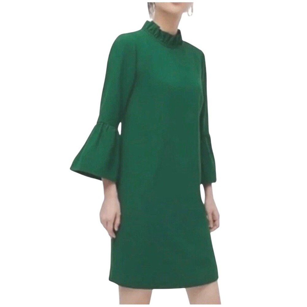 J Crew Ruffle Neck Shift Dress Womens‎ 00 Green Crepe 3/4 Airy Retro Chic Modest